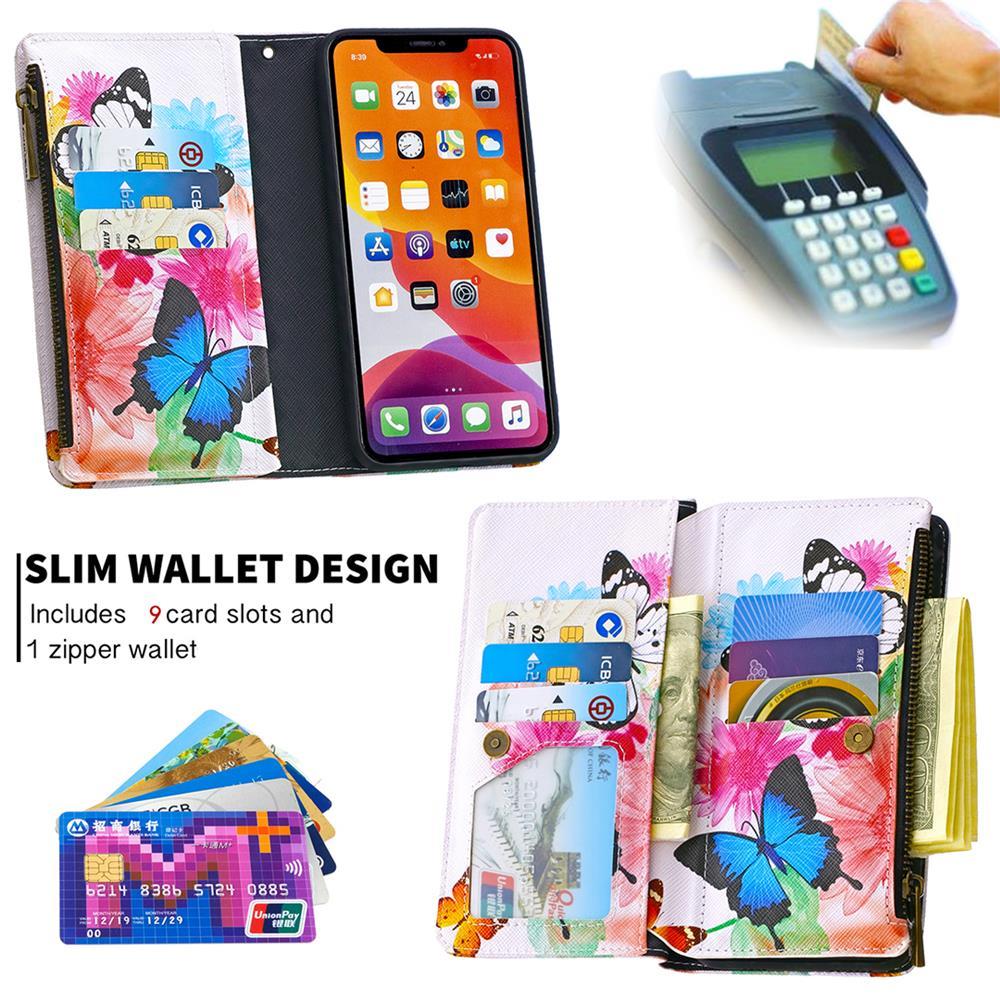 Binfen Color BF03 Vivid Flying Mariposas Patrón Cremallera Multifunción Funda de cuero para billetera Funda para teléfono