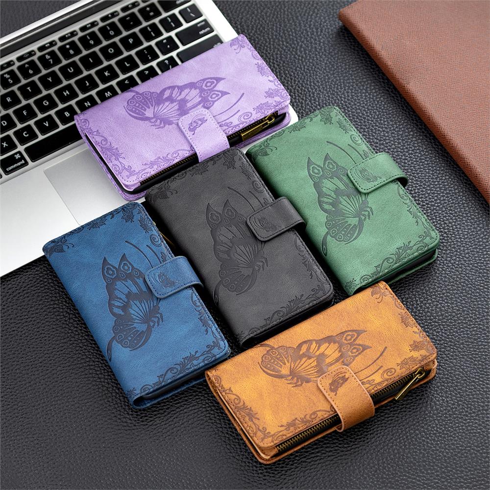 Binfen Color Flying Butterfly Zipper Estuche multifunción para billetera de cuero para teléfono móvil